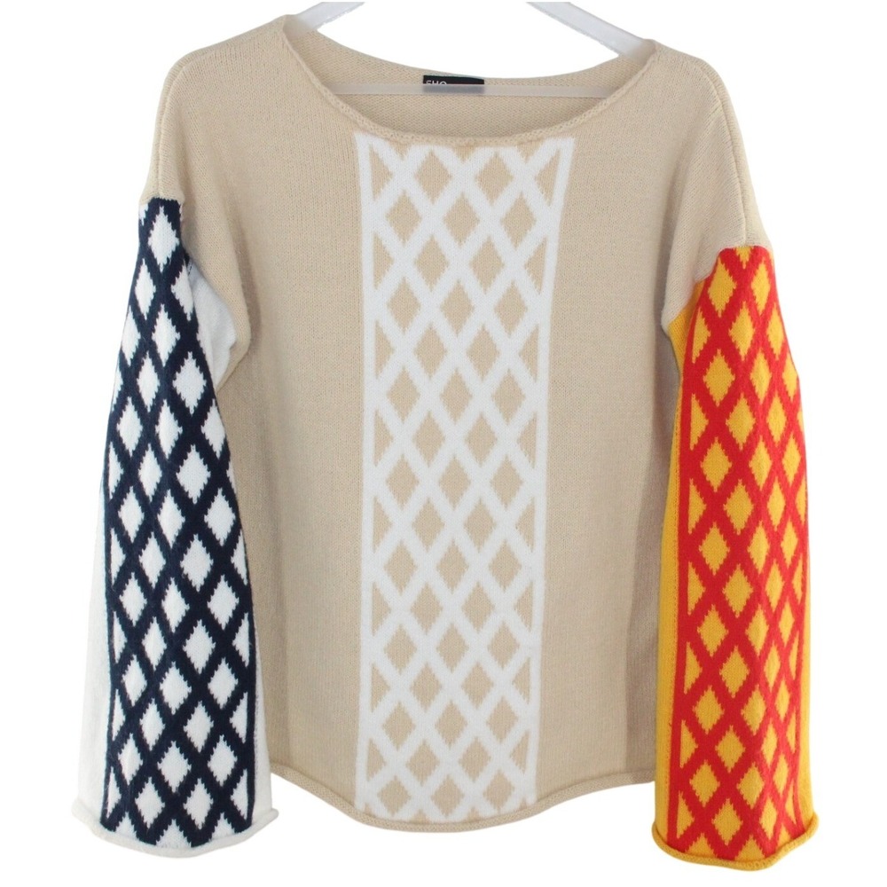 FHQ Collection Sweater Colorblock Diamond Lattice Size L Beige Multicolor
